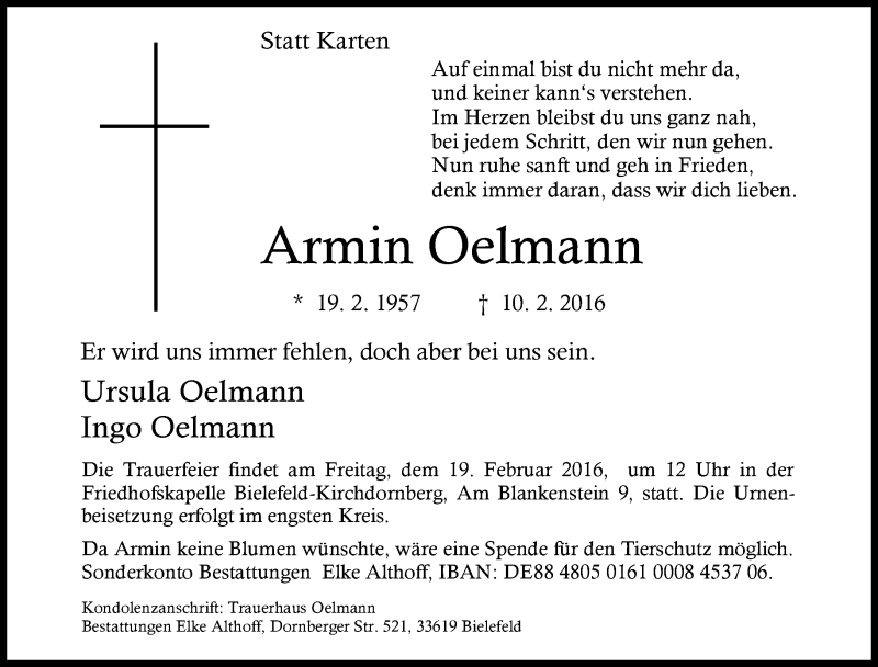  Traueranzeige für Armin Oelmann vom 13.02.2016 aus Neue Westfälische