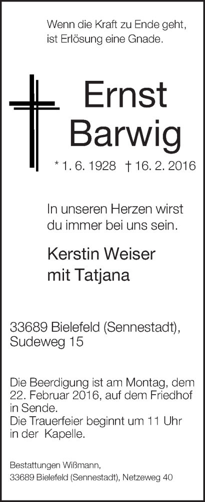  Traueranzeige für Ernst Barwig vom 19.02.2016 aus Neue Westfälische