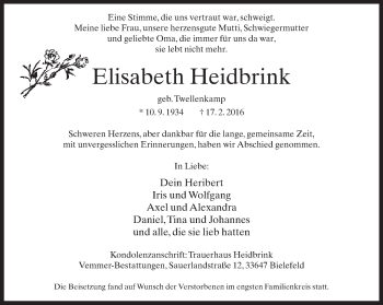 Traueranzeige von Elisabeth Heidbrink von Neue Westfälische