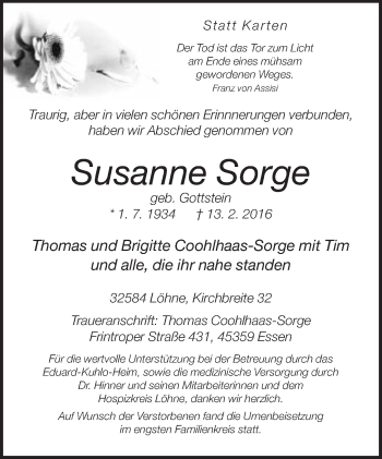 Traueranzeige von Susanne Sorge