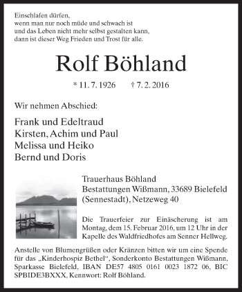 Traueranzeige von Rolf Böhland von Neue Westfälische