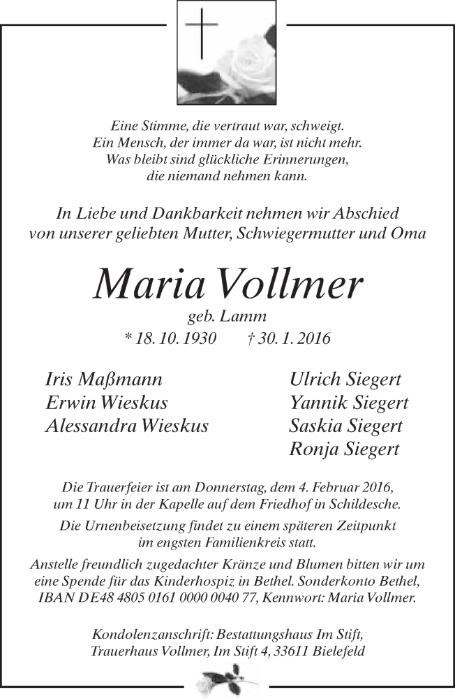  Traueranzeige für Maria Vollmer vom 02.02.2016 aus Neue Westfälische