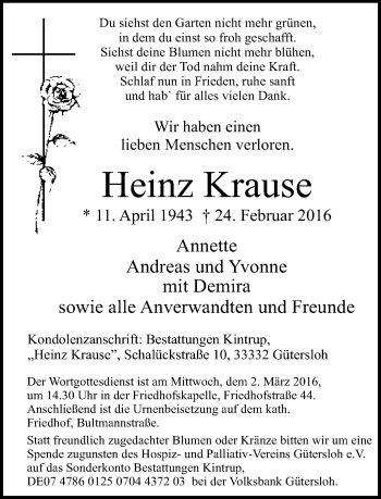 Traueranzeige von Heinz Krause von Neue Westfälische
