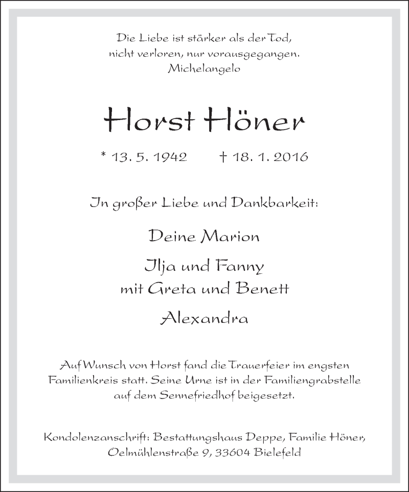  Traueranzeige für Horst Höner vom 06.02.2016 aus Neue Westfälische