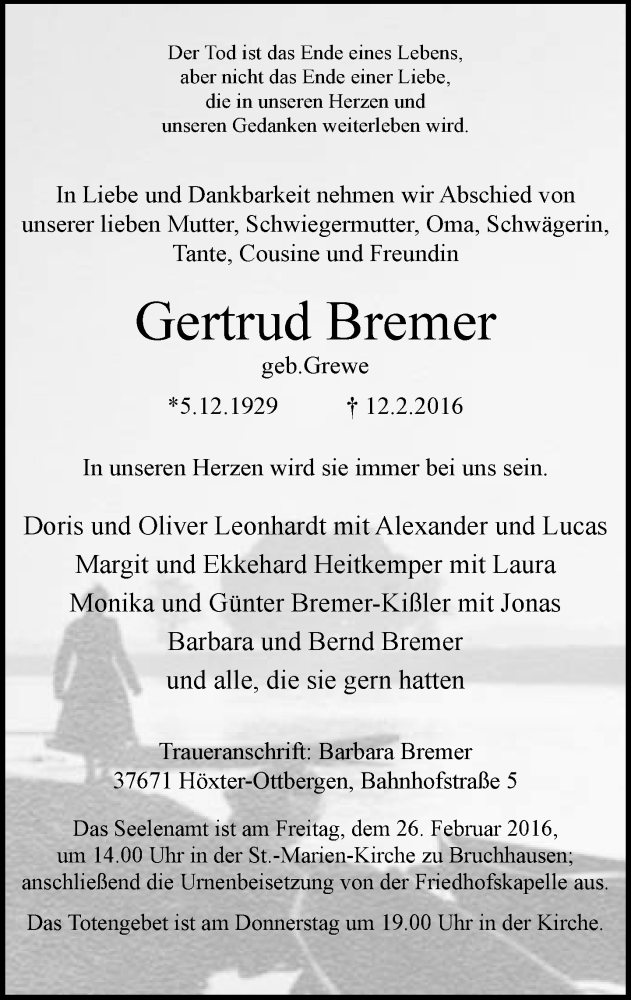  Traueranzeige für Gertrud Bremer vom 20.02.2016 aus Neue Westfälische
