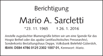 Traueranzeige von Mario A. Sarcletti von Neue Westfälische