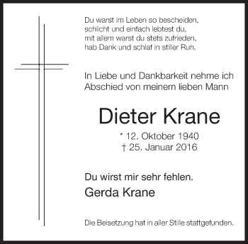 Traueranzeige von Dieter Krane von Neue Westfälische