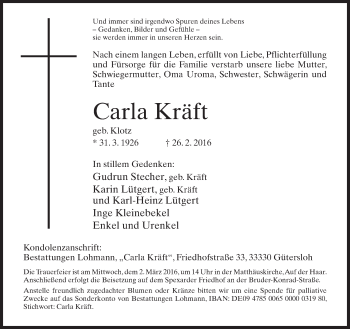 Traueranzeige von Carla Kräft von Neue Westfälische