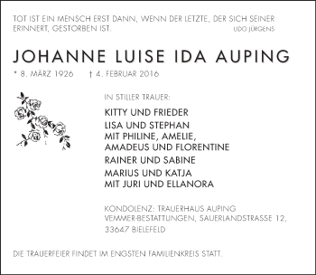 Traueranzeige von Johanne Luise Ida Auping von Neue Westfälische