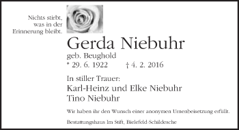 Traueranzeige von Gerda Niebuhr von Neue Westfälische