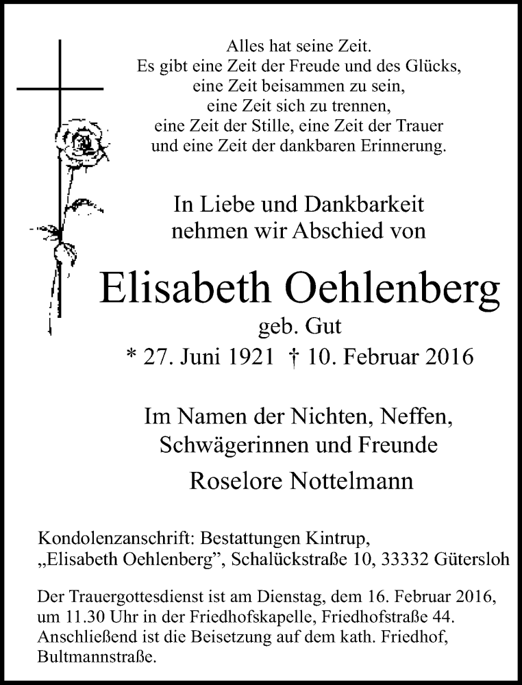 Traueranzeige für Elisabeth Oelenberg vom 12.02.2016 aus Neue Westfälische