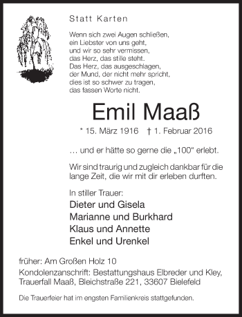 Traueranzeige von Emil Maaß von Neue Westfälische