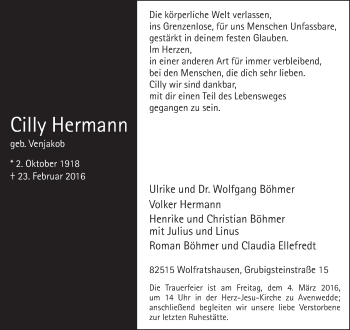 Traueranzeige von Cilly Hermann von Neue Westfälische