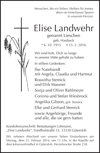 Traueranzeige von Elise Landwehr von Neue Westfälische