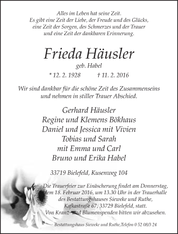 Traueranzeige von Frieda Häusler