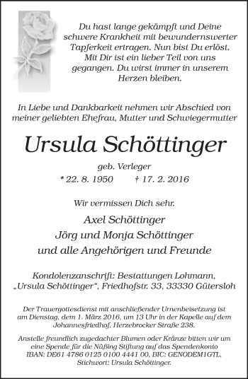 Traueranzeige von Ursula Schöttinger von Neue Westfälische