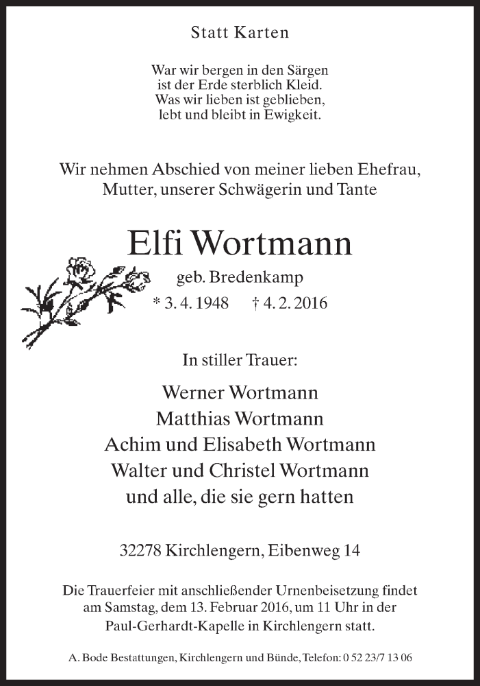  Traueranzeige für Elfi Wortmann vom 06.02.2016 aus Neue Westfälische