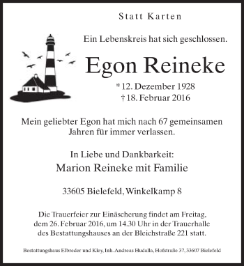 Traueranzeige von Egon Reineke von Neue Westfälische