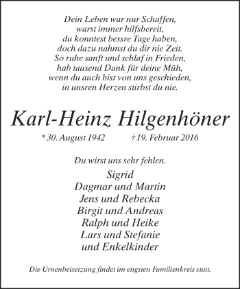 Traueranzeige von Karl-Heinz Hilgenhöner von Neue Westfälische