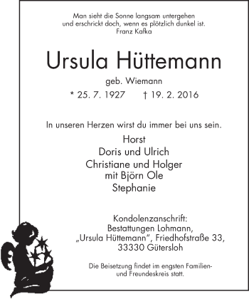 Traueranzeige von Ursula Hüttemann von Neue Westfälische