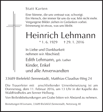 Traueranzeige von Heinrich Lehmann von Neue Westfälische