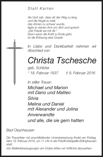 Traueranzeige von Christa Tschesche