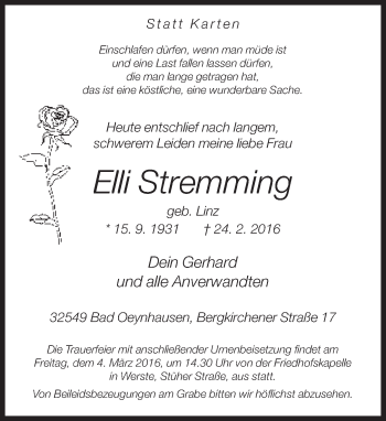 Traueranzeige von Elli Stremming