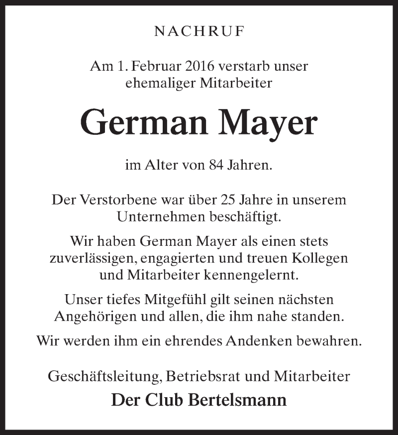  Traueranzeige für German Mayer vom 06.02.2016 aus Neue Westfälische