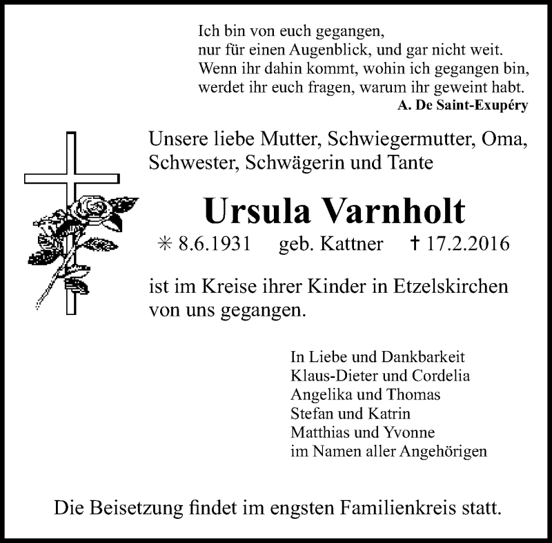  Traueranzeige für Ursula Varnholt vom 20.02.2016 aus Neue Westfälische
