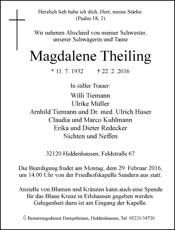 Traueranzeige von Magdalene Theiling von Neue Westfälische