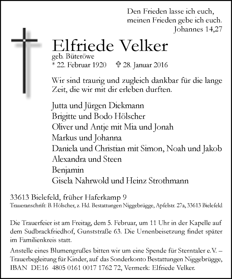  Traueranzeige für Elfriede Velker vom 01.02.2016 aus Neue Westfälische