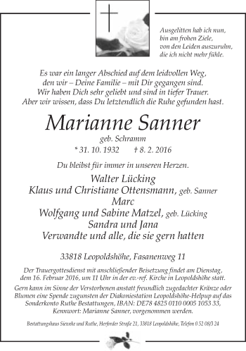 Traueranzeige von Marianne Sanner