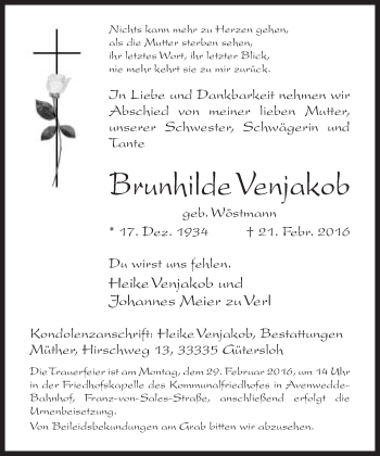 Traueranzeige von Brunhilde Venjakob von Neue Westfälische