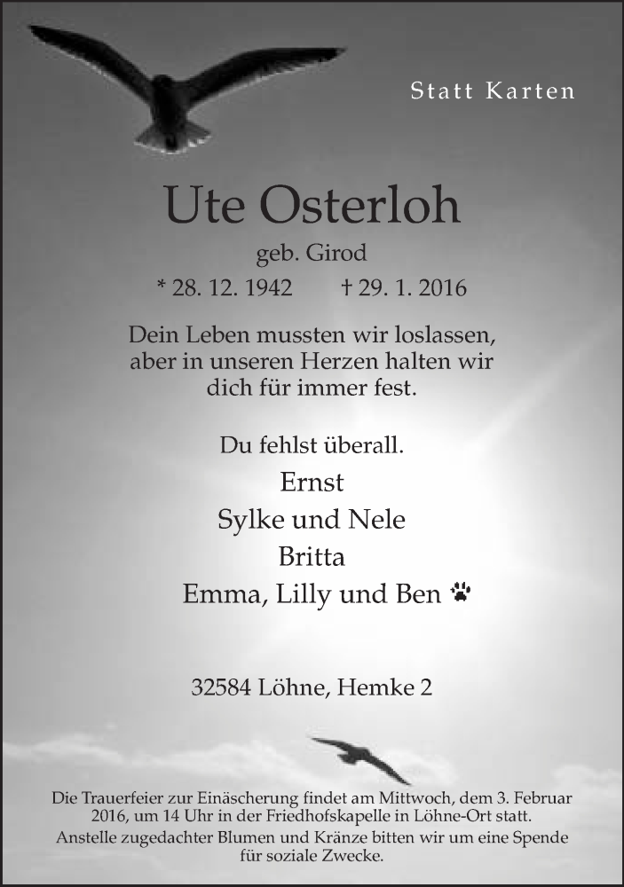  Traueranzeige für Ute Osterloh vom 01.02.2016 aus Neue Westfälische
