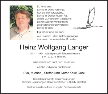 Traueranzeige von Heinz Wolfgang Langer von Neue Westfälische
