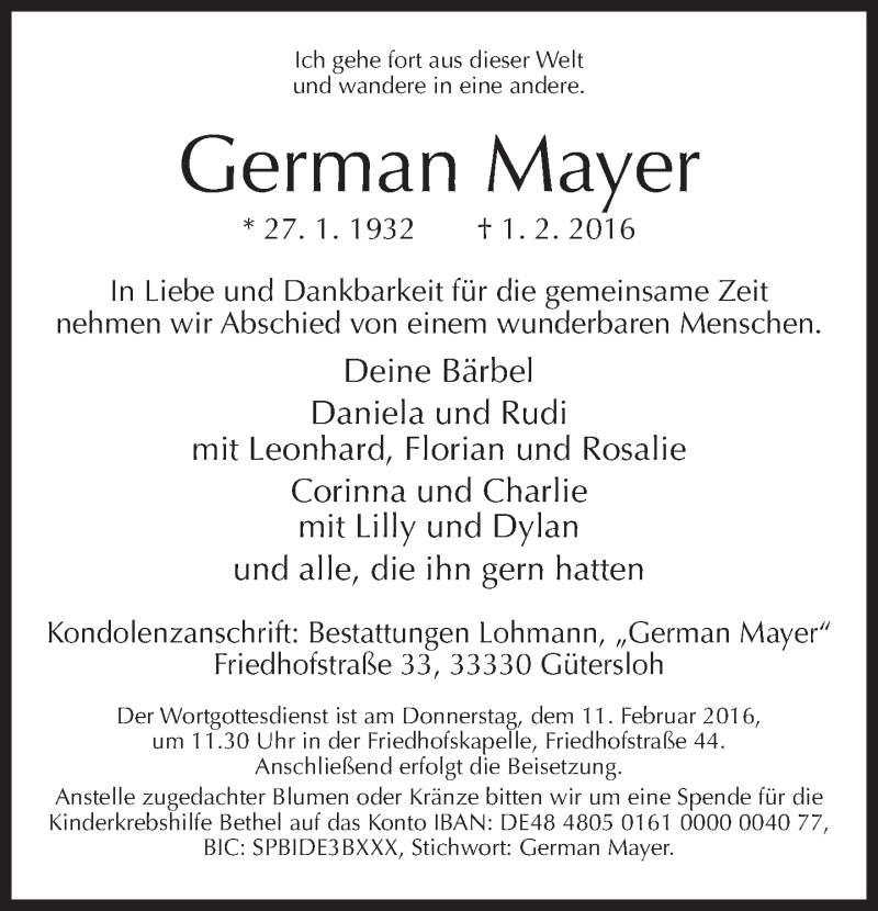  Traueranzeige für German Mayer vom 06.02.2016 aus Neue Westfälische