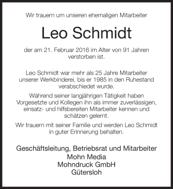 Traueranzeige von Leo Schmidt von Neue Westfälische