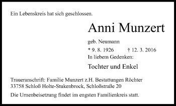 Traueranzeige von Anni Munzert von Neue Westfälische