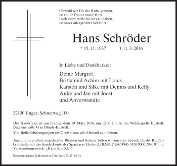 Traueranzeige von Hans Schröder von Neue Westfälische