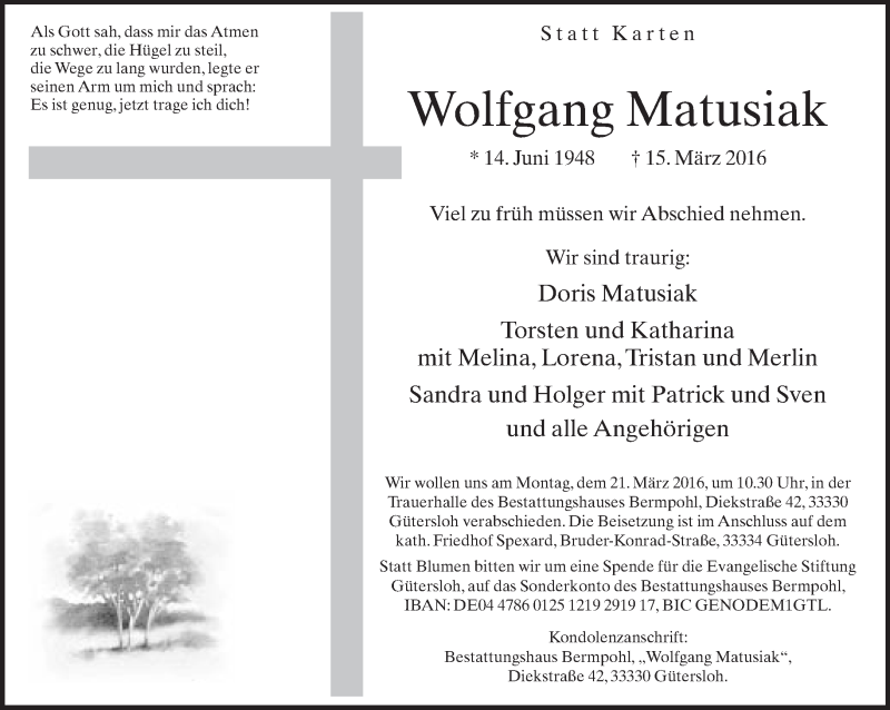  Traueranzeige für Wolfgang Matusiak vom 18.03.2016 aus Neue Westfälische