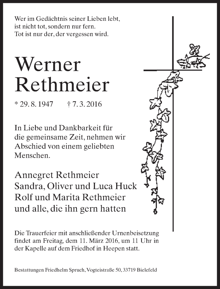  Traueranzeige für Annegret Rethmeier vom 09.03.2016 aus Neue Westfälische