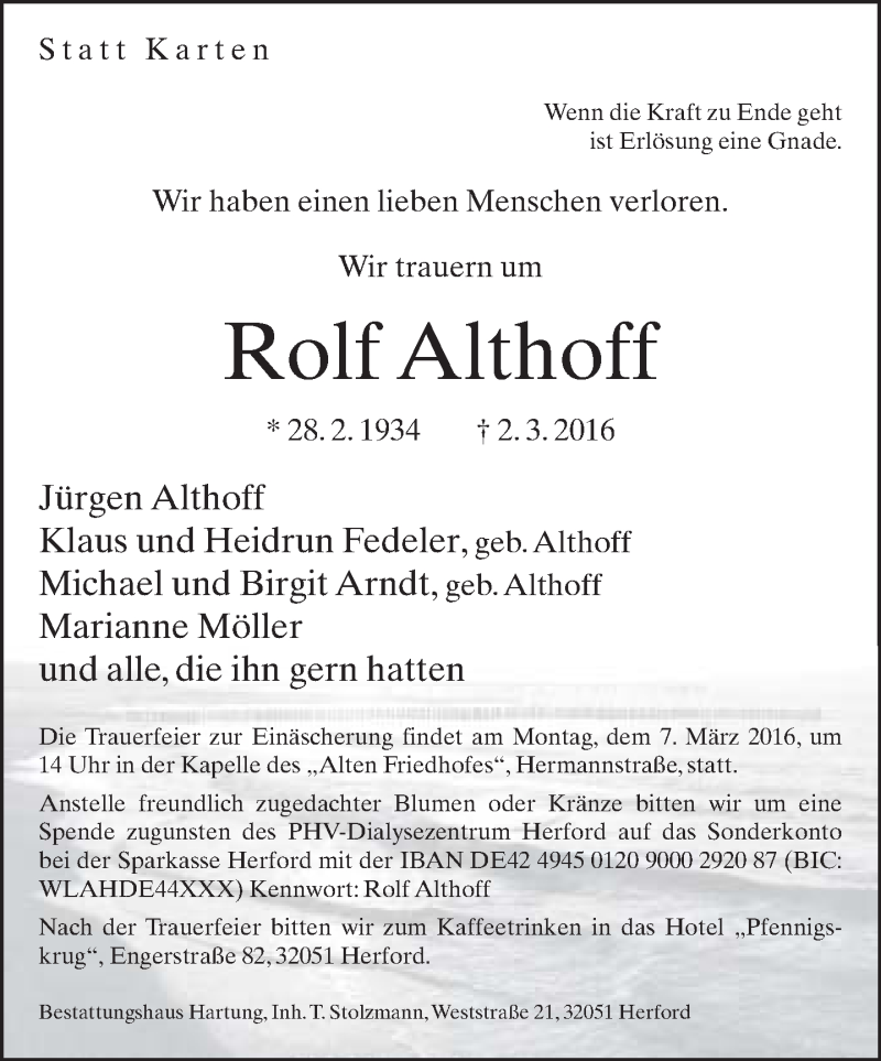  Traueranzeige für Rolf Althoff vom 04.03.2016 aus Neue Westfälische