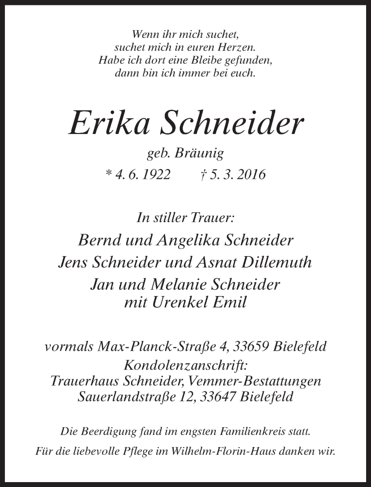  Traueranzeige für Erika Schneider vom 12.03.2016 aus Neue Westfälische