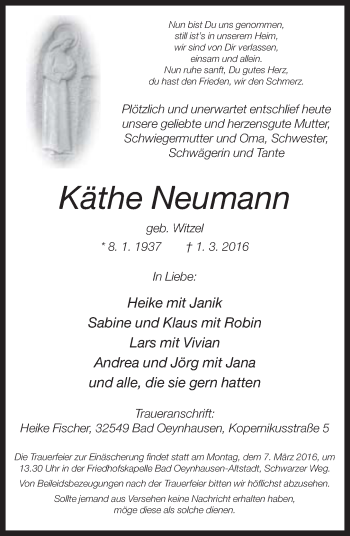 Traueranzeige von Käthe Neumann