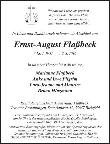 Traueranzeige von Ernst-August Flaßbeck von Neue Westfälische