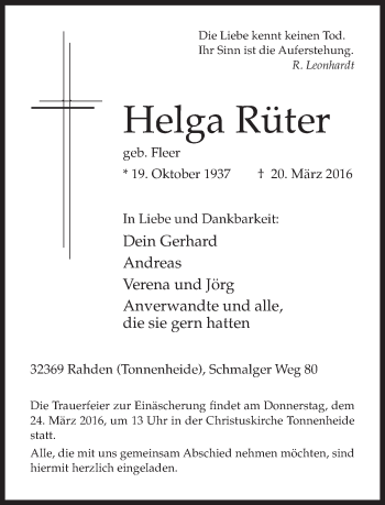 Traueranzeige von Helga Rüter von Neue Westfälische