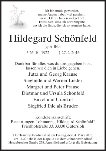 Traueranzeige von Hildegard Schönfeld von Neue Westfälische