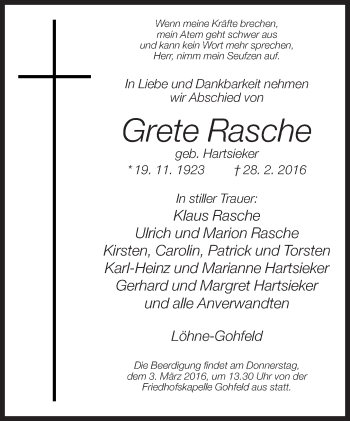 Traueranzeige von Grete Rasche