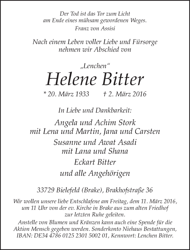  Traueranzeige für Helene Bitter vom 05.03.2016 aus Neue Westfälische