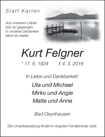 Traueranzeige von Kurt Felgner